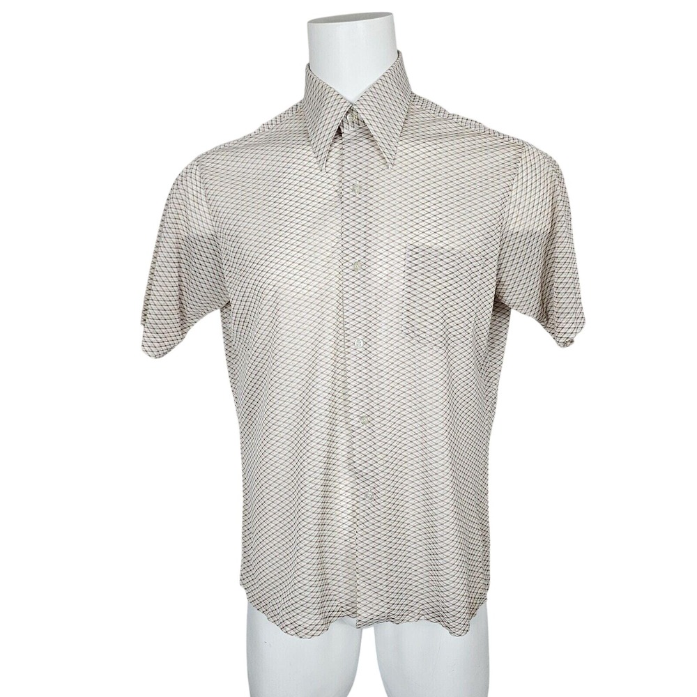 Vintage 70s Expressions Disco Shirt Mens L Brown Sheer Geo Nylon Korea Mod Disco